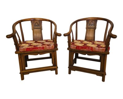 Mid-Century Teak Chinese Horseshoe Hand Carved Chairs- Set of 2