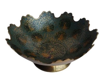 Vintage Indian Engraved Brass Enamel Decorative Bowl