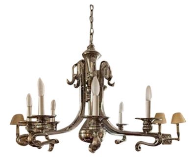 1930s French 8-Light Art Deco Nickel Chandelier
