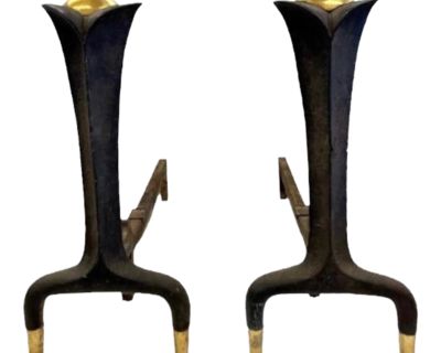 Sale! Vintage 50s Mid Century Modern Art Deco Donald Deskey Wrought Iron & Brass Fireplace Andirons