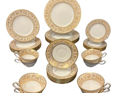 Vintage Wedgwood Gold Florentine Bone China Nearly Complete Dinner Set for Eight - 39 Pieces