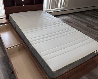 Double mattress and wood bed frame with storage