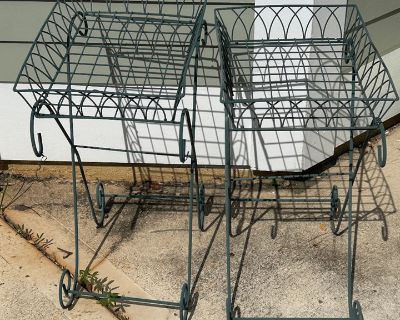 Pair of Wrought Iron Garden Cart Plant Stands