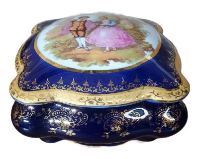 1950s Vintage Imperia Limoges French Cobalt 22k Gold Trinket Box With Courting Couple
