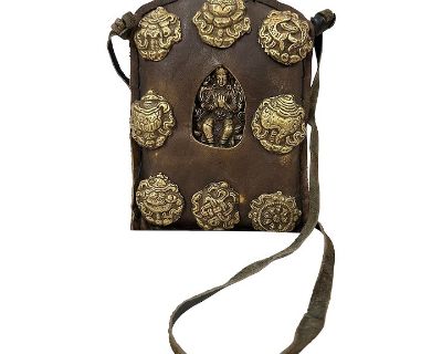 20th Century Tibetan Leather, Brass Ghau Prayer Bag