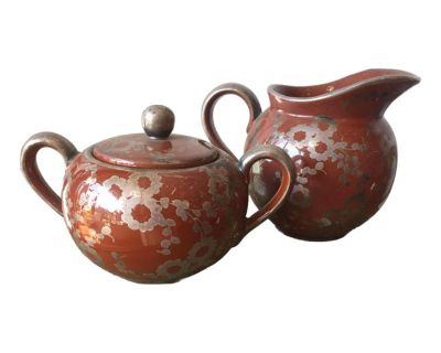 Vintage Ceramic Creamer & Sugar Bowl Raku Glaze Signed- Set of 2