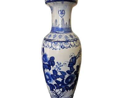 Large Vintage Chinese Blue and White Vase With Floral and Bird Design.