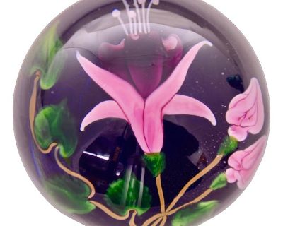 Signed Lundberg Studio Art Glass Orchid Flower Paperweight