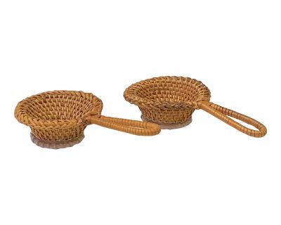 Pair Asian Handmade Rattan Round Accent Loose Tea Strainers