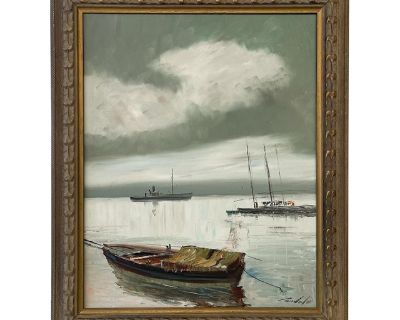 Vintage Mid-Century Harbor Scene Oil Painting With Boats and Overcast Sky, Signed