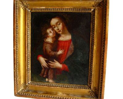 Mother and Child 18 Century Painting on Copper