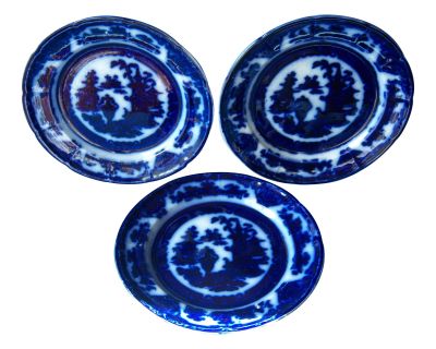 Antique Temple Pattern by Walker & Co. Podmore: Antique Ironstone Transferware Flow Blue 12-Panel Plates, Tunstall, Staffordshire, England- Set of 3