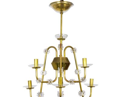Mid Century Brass & Glass Undulating 6-Arm Chandelier