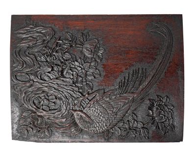 Mid 19th Century Asian Hand Carved Wood Panel With Bird and Flowers