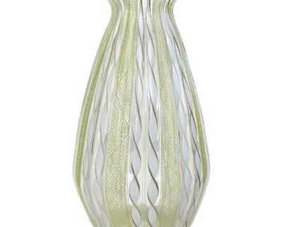 Murano Yellow Zanfirico White Aventurine Ribbon Vintage Italian Art Glass Mid-Century Flower Vase
