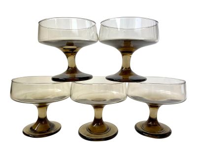 Mid-Century Smoke Glass Low Champagne Sorbet Coupe Glasses - Set of 5