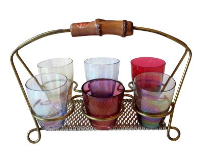 1950s Vintage - Rockabilly Brass Serving Tray With 6 Spirit Glasses - Set of 7