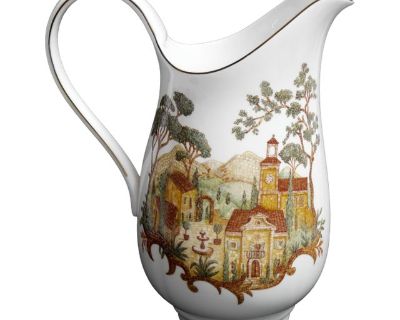 Welcome to our listing! You are considering a gently preowned Lenox Mosaico D Italia 64 Oz Pitcher by Chuck Fischer Made in USA. This unique pitcher is in flawless condition, free of any significant imperfections. The design is slightly raised providing a level of depth to the imagery. This measures 10" tall at spout x 5 1/4" wide x 3 1/4" at it's base.. Dimensions 3 W 5 D 10 H Styles Mediterra...