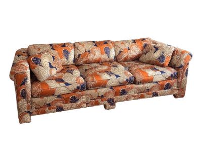 Late 20th Century Custom Three-Seat Sofa in Terracotta and Indigo Art Deco Revival Pattern