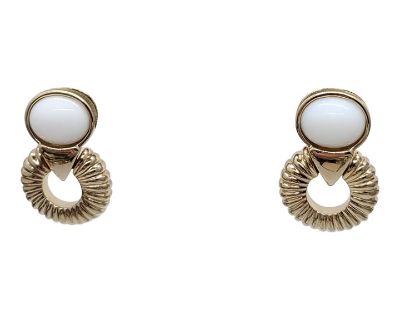 Vintage 1980s Signed Panetta Goldtone White Cabochon Pierced Earrings- 2 Pieces