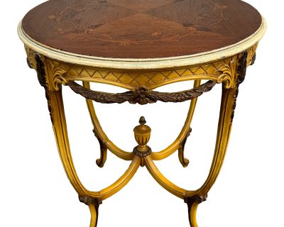 1950s Vintage Louis XV Style Wood Inlaid Design Side Table