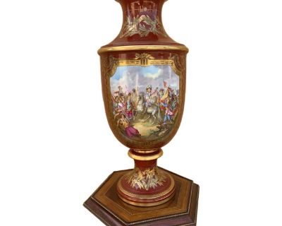 Antique Oversized Red French Sevres Hand Painted Porcelain Trumpet Vase