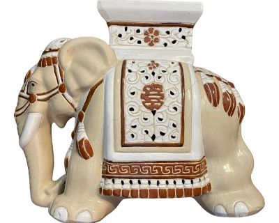Vintage Beige Ceramic Elephant Garden Stool