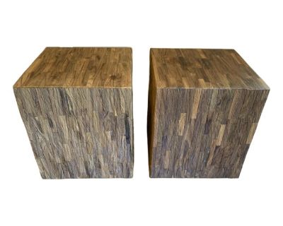 A pair of 1990s vintage rustic wood cube side tables with rough swen mosaic finish.. Dimensions 16 W 16 D 18 H Styles Rustic Table Shape Square Period 1980s Country of Origin United States Item Type Vintage, Antique or Pre-owned Shop Sustainably with Chairish Materials Wood Condition Good Condition, Original Condition Unaltered, Some Imperfections Color Brown Condition Notes Few marks to wood F...