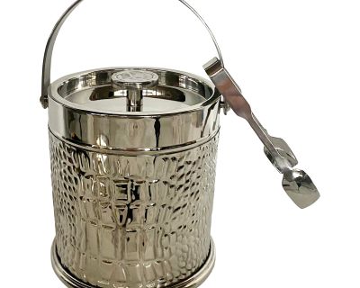 Vintage Ralph Lauren Home Ice Bucket With Tongs with Crocodile Repousse on Stainless Steel