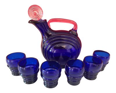 1930's Cambridge Cobalt Blue Blown Glass Decanter & 6 Shot Glasses