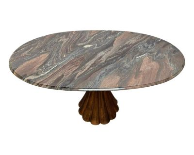 1980s Style of Angelo Mangiarotti Dining Table Flowing Marble Copper Fluted Base