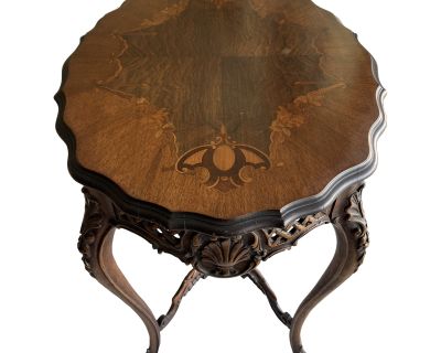 Late 19th Century Antique English Hand-Carved Marquetry Inlaid Mahogany Center or Occasional Table