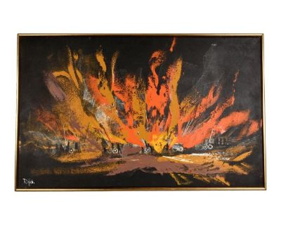 Rutten Mid-Century Modern Black Orange Yellow Abstract Expressionist Horizontal Painting