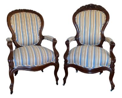 Early 20th Century Antique Victorian Carved Mahogany Gentleman and Lady Parlor Chairs - Set of 2