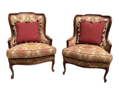 Pair of Ethan Allen Louis XV Style "Camille" Contemporary Wingback Chairs