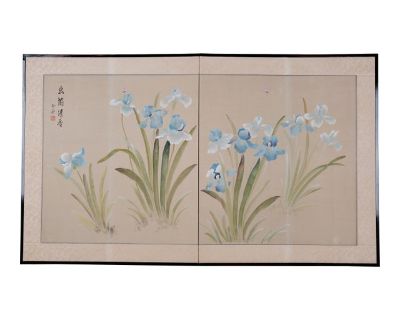 Mid-20th Century Byobu in Very Good + overall condition Japanese Byobu "Blue & White Irises" 4-Panel Folding Screen Tabletop or Wall Hanging Enchanting and Beautiful Fine Asian Collector Item fully opened the screen measures approximately 60" wide x 35" tall each panel is approximately 15" wide x 35" tall -------------------------------------- Please read ! This lovely and soft Blue & White Iri...