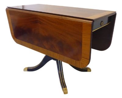 This Regency style drop leaf table has gilded detailing on the legs which are black, and drawers and has brass feet. The mahogany is banded with satinwood. When open, it measures 49" x 42". The leaves are 15.5", so when only one leaf is open, the table is 33.5" deep.. Dimensions 42 W 19.5 D 30 H Styles English Regency Table Shape Rectangle Period Mid 20th Century Item Type Vintage, Antique or P...
