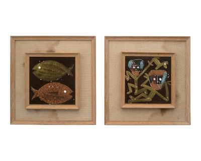 Mid Century Harris Strong Fish and Masked Tribal Dancers Ceramic Tile Art Wallhangings - A Pair