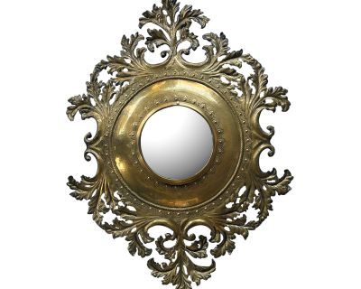 1900s French Rococo Revival Repoussé and Cut Brass Foliate Convex Mirror