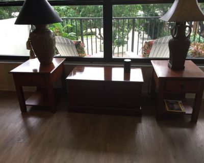 3 piece cherry wood coffee table with storage and 2 end tables with drawers,  good condition