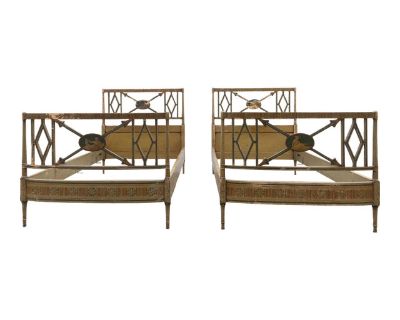 2 Neoclassical twin beds in polychrome painted finish.. Dimensions 46 W 82 L 47.5 H Styles Classical Roman Neoclassical Neoclassical Revival Bed Size Twin Period Early 20th Century Item Type Vintage, Antique or Pre-owned Shop Sustainably with Chairish Materials Polychrome Wood Condition Original Condition Unaltered, Needs Restoration Color Green Condition Notes Paint is worn off and has distres...