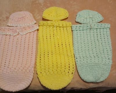 Crocheted Newborn Sleep Sacks and hat