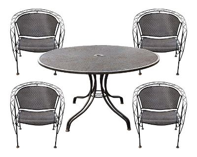 Vintage Russell Woodard Black Wrought Iron Patio Table & Chairs - Set of 5