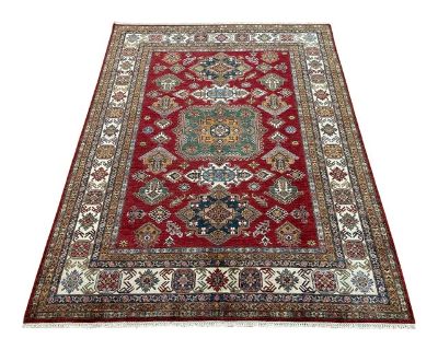 1990s Handmade Kazak Rug – Afghan Red Wool Tribal Medallion Rug - 8′ × 10′3″
