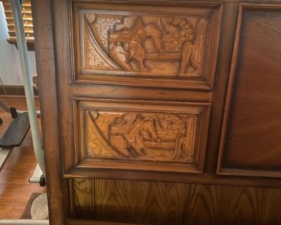 King bed headboard, footboard, nightstand and table. Hand carved rose wood from Guam.