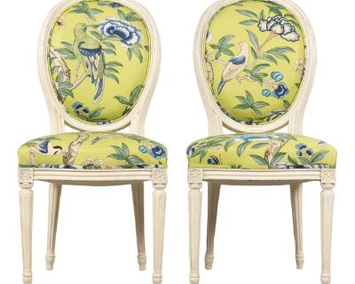 Antique French Louis XVI Style Painted Side Chairs in Green Chinoiserie Fabric - A Pair
