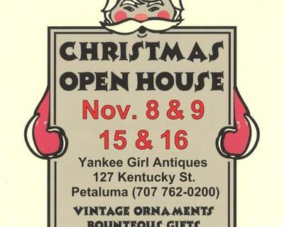 127 Kentucky St, Petaluma, CA. We have the biggest collection of antique Christmas we have ever had in 38 years!! (You may want to make multiple trips) We will be celebrating with refreshing fortwo weekends and new antique items will be added continuously . Come and see the magic!11-5, closed Mondays