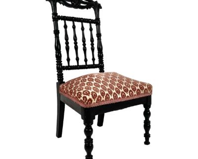 Antique children's bobbin chair. Carved wood floral detail.. Dimensions 14.5 W 13 D 29.75 H Styles Boho Chic French Traditional Seat Height 11.5 in Number of Seats 1 Period Mid 19th Century Item Type Vintage, Antique or Pre-owned Shop Sustainably with Chairish Materials Wood Condition Good Condition, Original Condition Unaltered, Some Imperfections Color Brown Condition Notes In sturdy antique ...