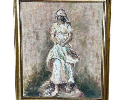 Vintage Painted Framed Oil on Canvas Lady in Dress