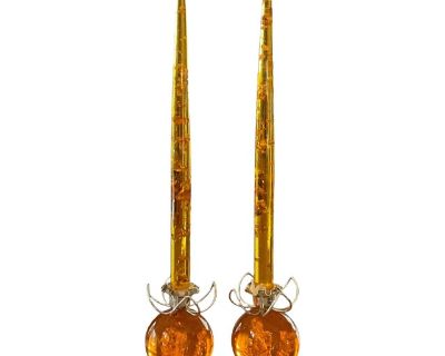 Mid Century Orange Lucite Candles With Gold Flakes and Holders - A Pair
